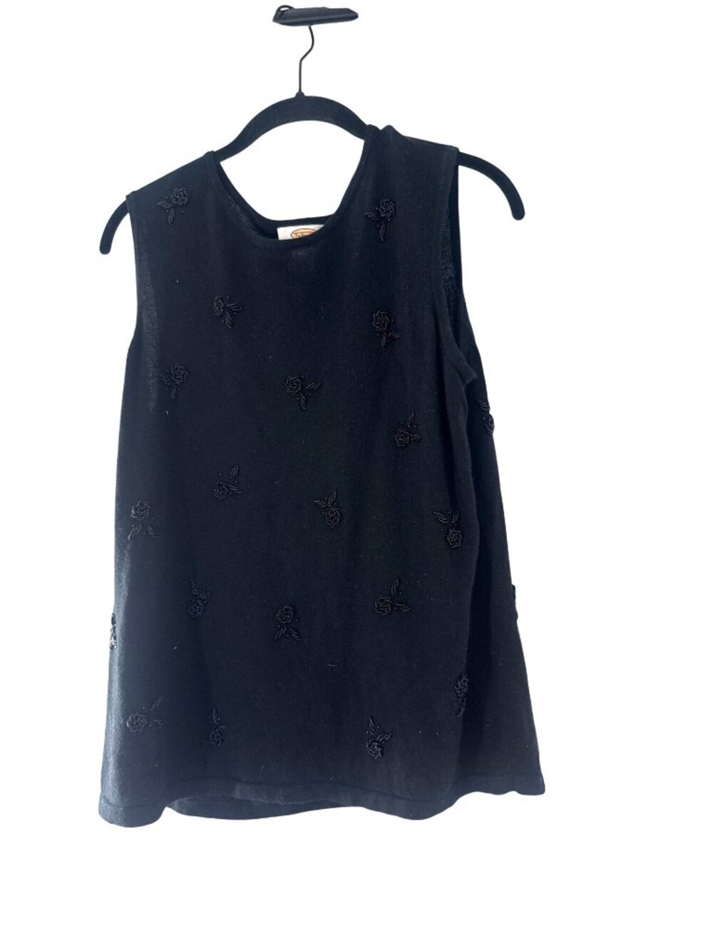 Talbots Womens Petite Black Silk-Cashmere Tank Floral Beaded Embroidery Size 1X